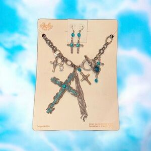 Crystal Cross Charm Necklace & Earring Set Blue & Silver Christian Chic New